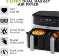 Tower T17088 Vortx 9L Dual Basket Air Fryer with Smart Finish, 2600W, Black tower