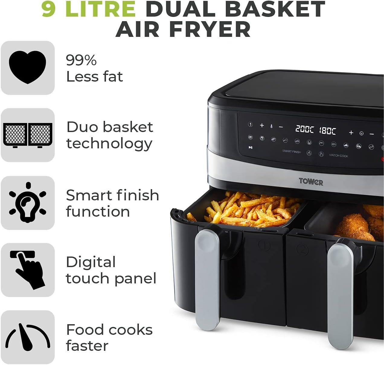 Tower T17088 Vortx 9L Dual Basket Air Fryer with Smart Finish, 2600W, Black tower