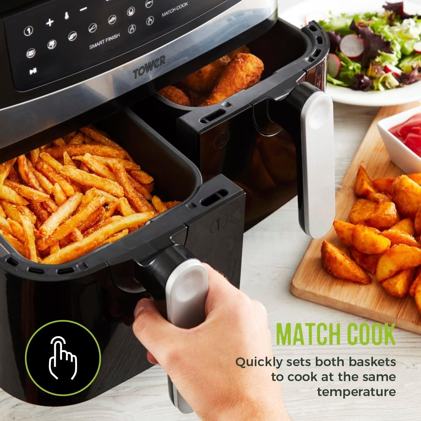 Tower T17088 Vortx 9L Dual Basket Air Fryer with Smart Finish, 2600W, Black tower