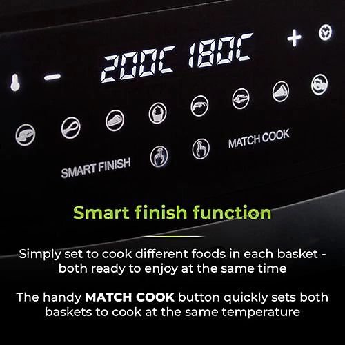 Tower T17088 Vortx 9L Dual Basket Air Fryer with Smart Finish, 2600W, Black tower