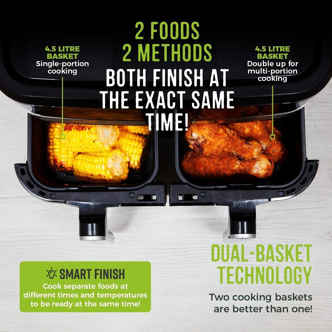 Tower T17088 Vortx 9L Dual Basket Air Fryer with Smart Finish, 2600W, Black tower