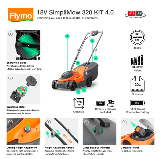 Flymo SimpliMow 320 Cordless Lawn Mower, 18V, 32cm Cutting Width with 4.0Ah Battery & Charger