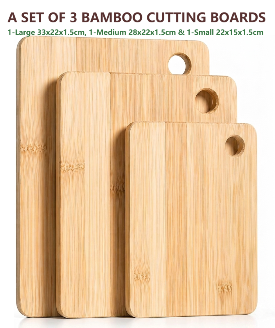 3pc Bamboo Chopping Board Set Wood Cutting Boards Kitchen Meat Vegetable 3-Sizes