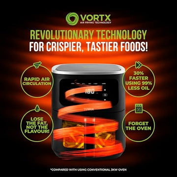 Tower T17176 Vortx Vizion XL 8L Air Fryer - Digital Viewing Window, 1700W Black