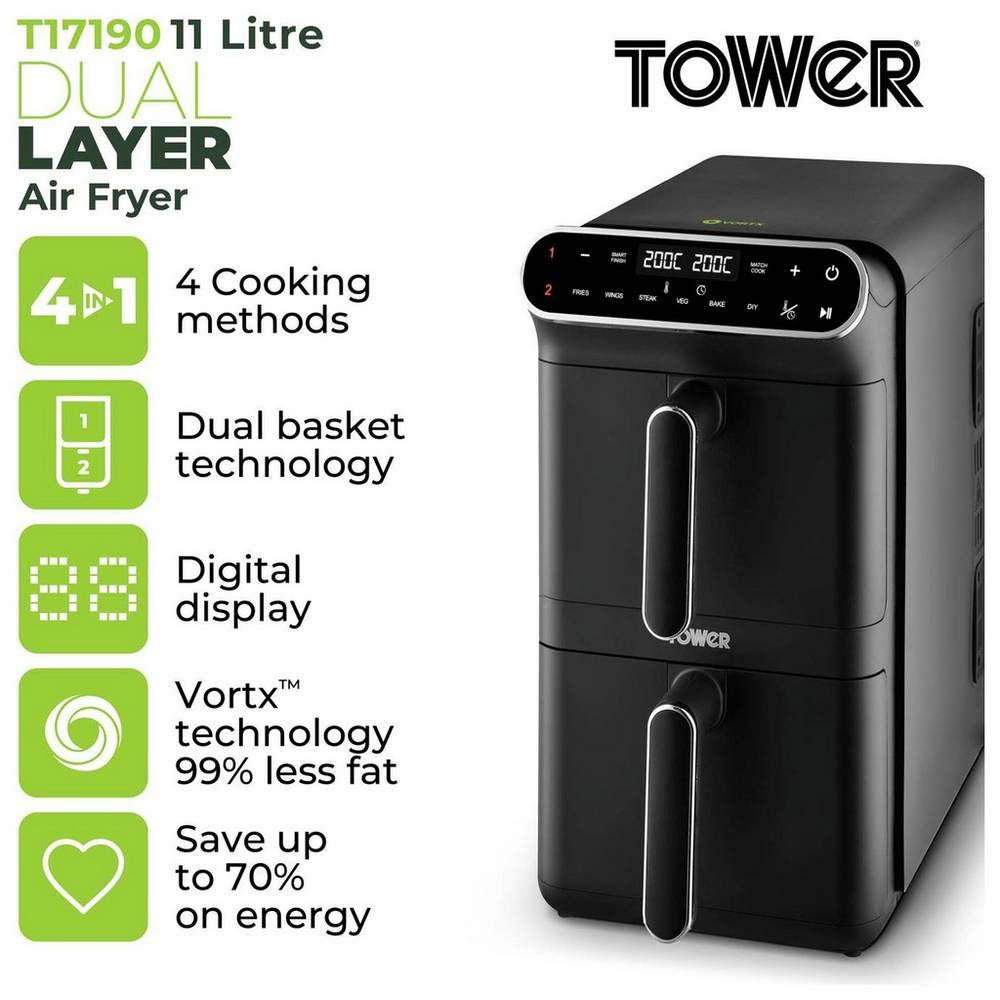 Tower T17190 Vortx XL 11L Dual Stack Air Fryer - Digital Double Basket, 2460W Black
