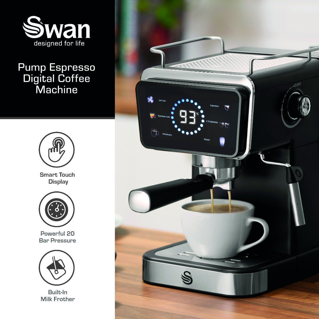 Swan Retro Pump Espresso Coffee Machine Digital 20 Bar Touch Display Black 1.5L