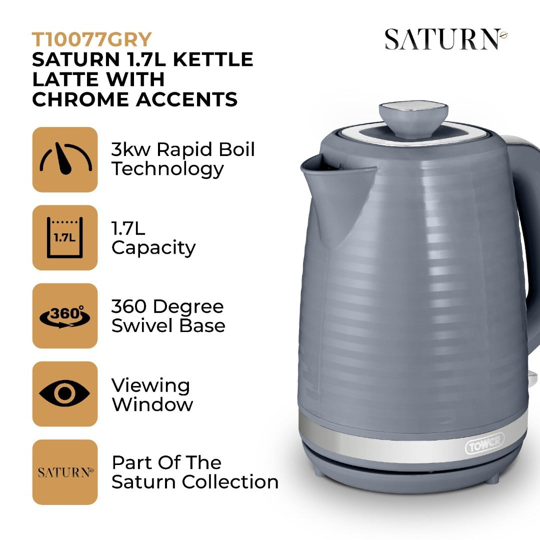 Tower Saturn 1.7L Electric Jug Kettle 3000W Rapid Fast Boil Grey Chrome T10077GRY