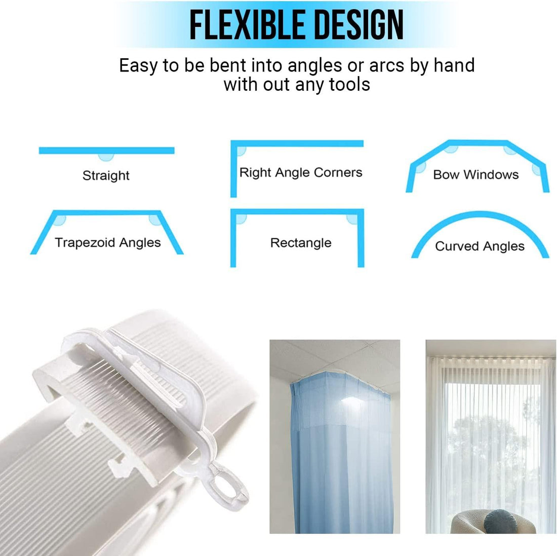 3m Flexible Curtain Track & Glider Rail, White, Straight & Bay Windows, Bendable PVC, Fitting Kit Included