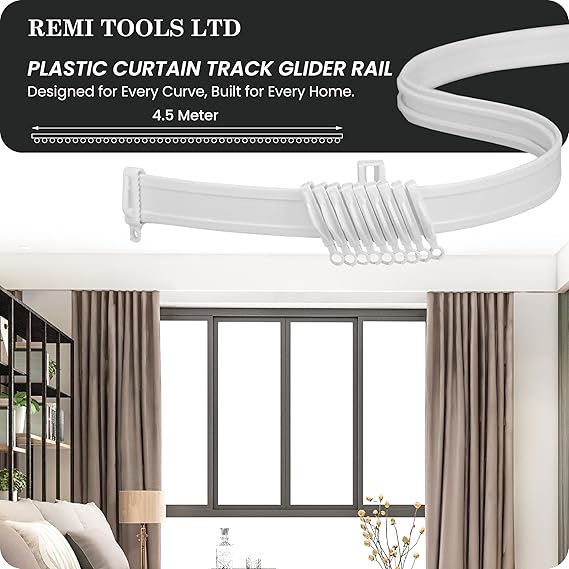 REMI TOOLS LTD 4.5 Meter/ 15 FT Plastic Curtain Track Glider Rail For Straight And Bay Windows White (18 Bracket, 8 End, 56 Gliders, 18 Screws)