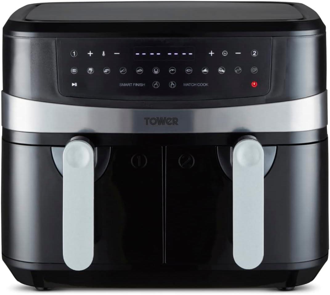 Tower T17088 Vortx 9L Dual Basket Air Fryer with Smart Finish, 2600W, Black tower